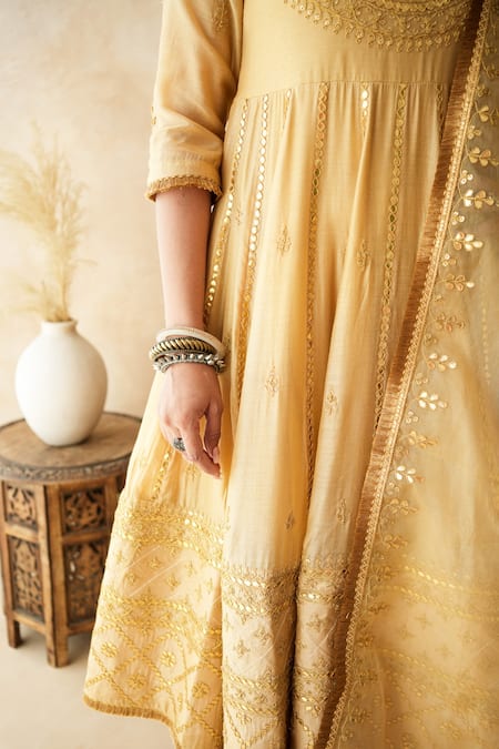 Buy Gulabo Jaipur Gold Silk Embroidery, Mirrors, Zari, Sequins, Shabana Hand Work Anarkali Set Buy_Gulabo Jaipur_Gold Silk Embroidery, Mirrors, Zari, Sequins, Shabana Hand Work Anarkali Set