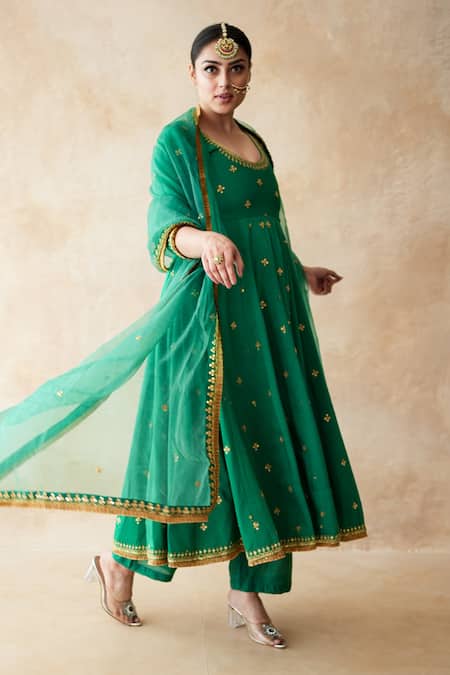 Gulabo Jaipur Green Silk, Net Sequins, Zari, Embroidery Round Malala Hand Work Anarkali Set Online at Aza Fashions Gulabo Jaipur_Green Silk, Net Sequins, Zari, Embroidery Round Malala Hand Work Anarkali Set _Online_at_Aza_Fashions