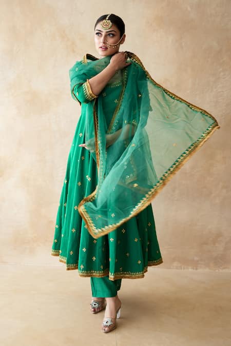 Shop Gulabo Jaipur Green Silk, Net Sequins, Zari, Embroidery Round Malala Hand Work Anarkali Set Online at Aza Fashions Shop_Gulabo Jaipur_Green Silk, Net Sequins, Zari, Embroidery Round Malala Hand Work Anarkali Set _Online_at_Aza_Fashions