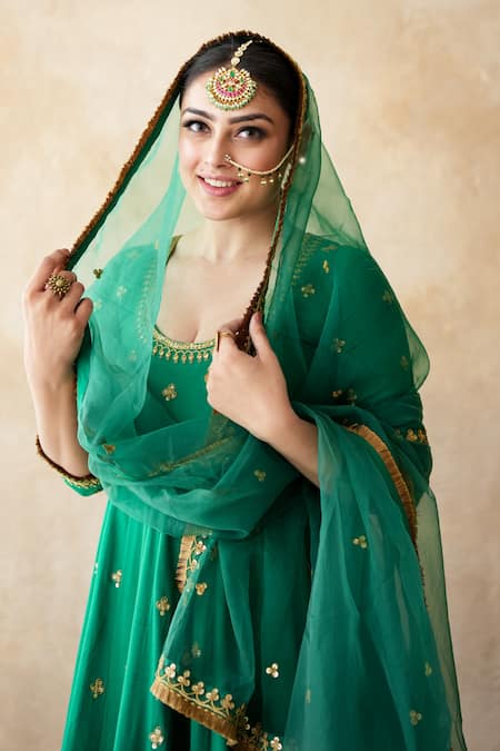 Gulabo Jaipur Green Silk, Net Sequins, Zari, Embroidery Round Malala Hand Work Anarkali Set at Aza Fashions Gulabo Jaipur_Green Silk, Net Sequins, Zari, Embroidery Round Malala Hand Work Anarkali Set _at_Aza_Fashions