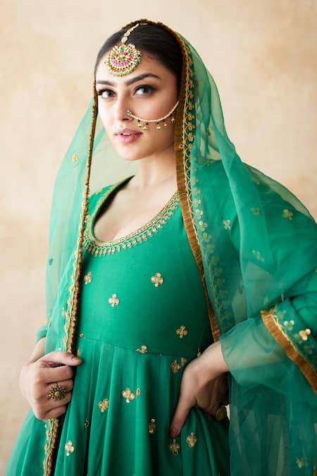 Buy Gulabo Jaipur Green Silk, Net Sequins, Zari, Embroidery Round Malala Hand Work Anarkali Set Buy_Gulabo Jaipur_Green Silk, Net Sequins, Zari, Embroidery Round Malala Hand Work Anarkali Set