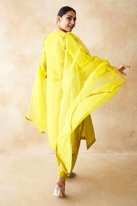 Shop Gulabo Jaipur Yellow Silk, Organza Embroidery, Zari, Sequins, Hema Hand Work Kurta Pant Set at Aza Fashions Shop_Gulabo Jaipur_Yellow Silk, Organza Embroidery, Zari, Sequins, Hema Hand Work Kurta Pant Set _at_Aza_Fashions