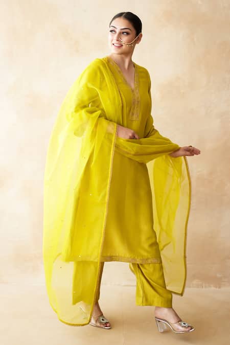 Gulabo Jaipur Yellow Silk, Organza Embroidery, Zari, Sequins, Hema Hand Work Kurta Pant Set at Aza Fashions Gulabo Jaipur_Yellow Silk, Organza Embroidery, Zari, Sequins, Hema Hand Work Kurta Pant Set _at_Aza_Fashions