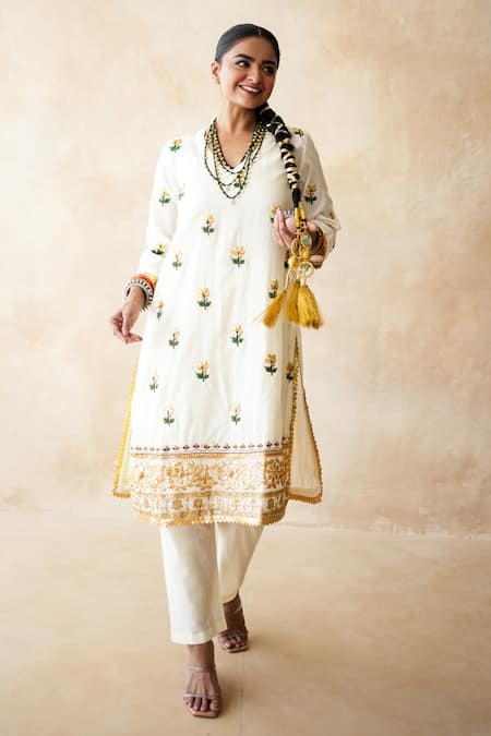 Gulabo Jaipur White Silk Embroidery V-neck Jamila Kurta And Pant Set 