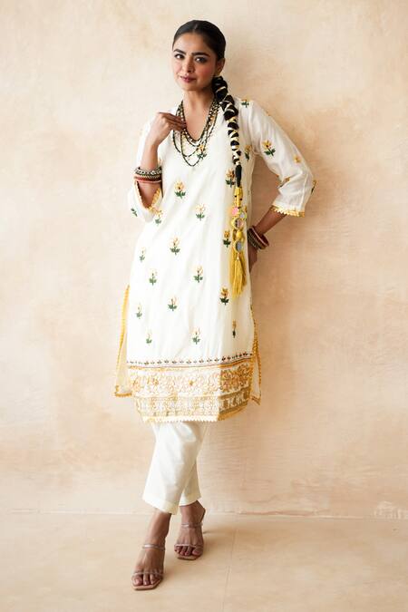 Buy Gulabo Jaipur White Silk Embroidery V-neck Jamila Kurta And Pant Set Buy_Gulabo Jaipur_White Silk Embroidery V-neck Jamila Kurta And Pant Set