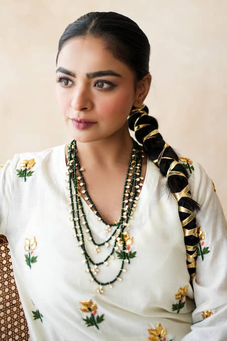 Shop Gulabo Jaipur White Silk Embroidery V-neck Jamila Kurta And Pant Set Shop_Gulabo Jaipur_White Silk Embroidery V-neck Jamila Kurta And Pant Set