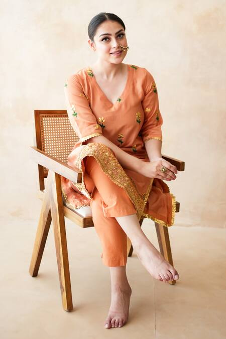 Shop Gulabo Jaipur Rust Silk Embroidery, Zari V-neck Jamila Kurta And Pant Set Online at Aza Fashions Shop_Gulabo Jaipur_Rust Silk Embroidery, Zari V-neck Jamila Kurta And Pant Set _Online_at_Aza_Fashions