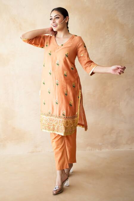 Gulabo Jaipur Rust Silk Embroidery, Zari V-neck Jamila Kurta And Pant Set at Aza Fashions Gulabo Jaipur_Rust Silk Embroidery, Zari V-neck Jamila Kurta And Pant Set _at_Aza_Fashions