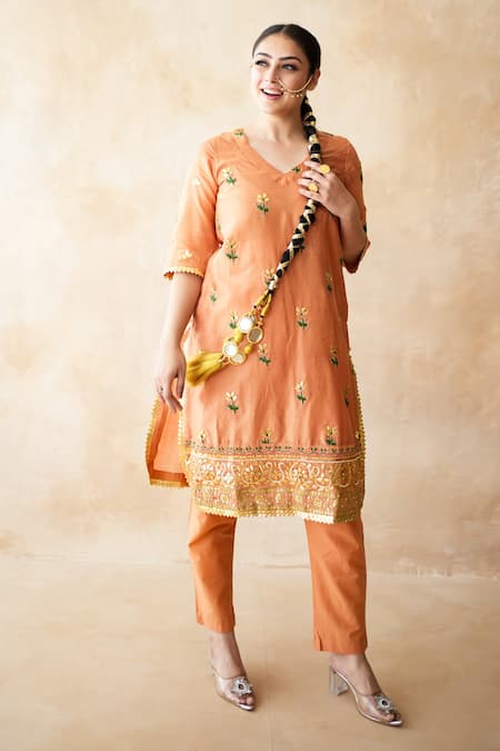 Buy Gulabo Jaipur Rust Silk Embroidery, Zari V-neck Jamila Kurta And Pant Set Buy_Gulabo Jaipur_Rust Silk Embroidery, Zari V-neck Jamila Kurta And Pant Set