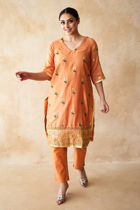 Shop Gulabo Jaipur Rust Silk Embroidery, Zari V-neck Jamila Kurta And Pant Set Shop_Gulabo Jaipur_Rust Silk Embroidery, Zari V-neck Jamila Kurta And Pant Set
