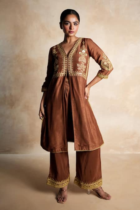 Gulabo Jaipur Brown Silk Embroidery, Sequins V-neck Chahat Kurta And Pant Set Online at Aza Fashions Gulabo Jaipur_Brown Silk Embroidery, Sequins V-neck Chahat Kurta And Pant Set _Online_at_Aza_Fashions
