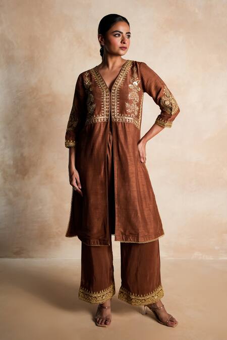 Buy Gulabo Jaipur Brown Silk Embroidery, Sequins V-neck Chahat Kurta And Pant Set Online at Aza Fashions Buy_Gulabo Jaipur_Brown Silk Embroidery, Sequins V-neck Chahat Kurta And Pant Set _Online_at_Aza_Fashions