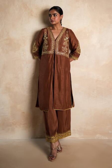Shop Gulabo Jaipur Brown Silk Embroidery, Sequins V-neck Chahat Kurta And Pant Set Online at Aza Fashions Shop_Gulabo Jaipur_Brown Silk Embroidery, Sequins V-neck Chahat Kurta And Pant Set _Online_at_Aza_Fashions