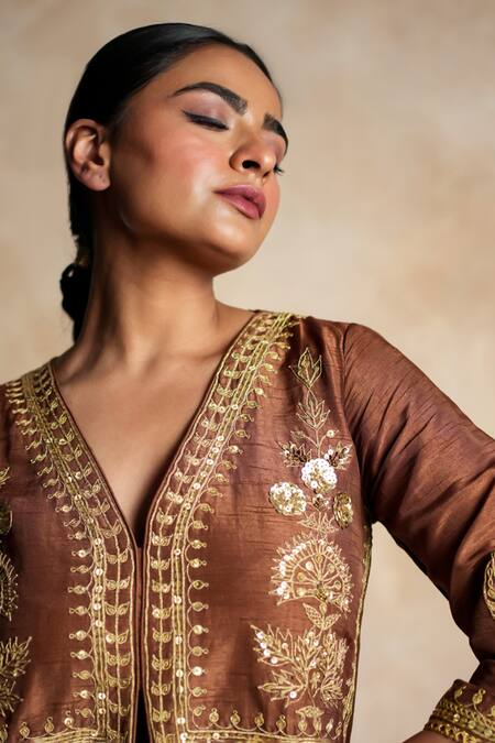 Buy Gulabo Jaipur Brown Silk Embroidery, Sequins V-neck Chahat Kurta And Pant Set Buy_Gulabo Jaipur_Brown Silk Embroidery, Sequins V-neck Chahat Kurta And Pant Set
