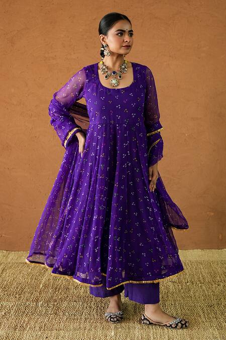 Shop Gulabo Jaipur Purple Georgette Gota Patti Square Neck Arzu Printed Anarkali Set Online at Aza Fashions Shop_Gulabo Jaipur_Purple Georgette Gota Patti Square Neck Arzu Printed Anarkali Set _Online_at_Aza_Fashions