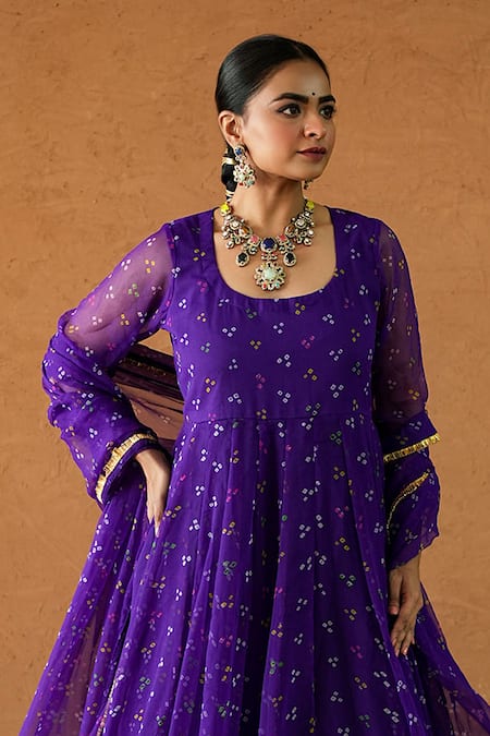 Shop Gulabo Jaipur Purple Georgette Gota Patti Square Neck Arzu Printed Anarkali Set Shop_Gulabo Jaipur_Purple Georgette Gota Patti Square Neck Arzu Printed Anarkali Set