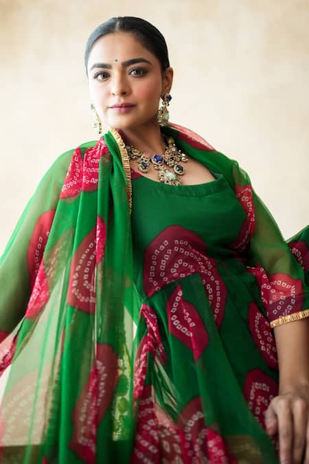 Shop Gulabo Jaipur Green Georgette Foil Printing Round Neck Printed Anarkali, Pant And Dupatta Set Online at Aza Fashions Shop_Gulabo Jaipur_Green Georgette Foil Printing Round Neck Printed Anarkali, Pant And Dupatta Set _Online_at_Aza_Fashions