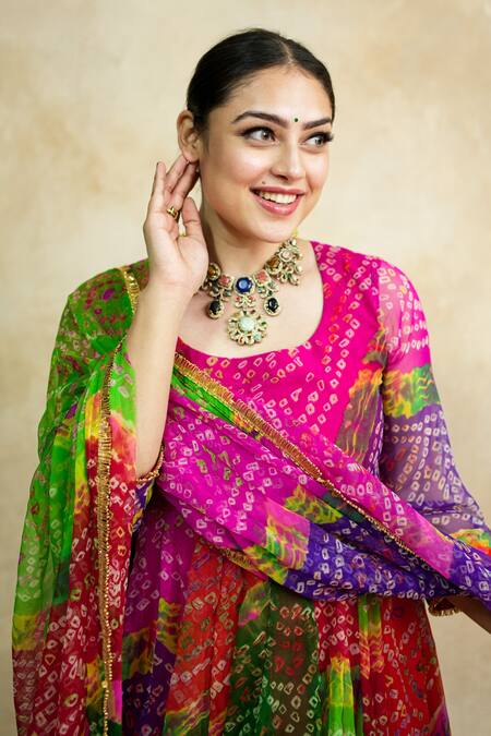 Shop Gulabo Jaipur Pink Georgette Round Neck Arzu Bandhani Pattern Anarkali Set Online at Aza Fashions Shop_Gulabo Jaipur_Pink Georgette Round Neck Arzu Bandhani Pattern Anarkali Set _Online_at_Aza_Fashions