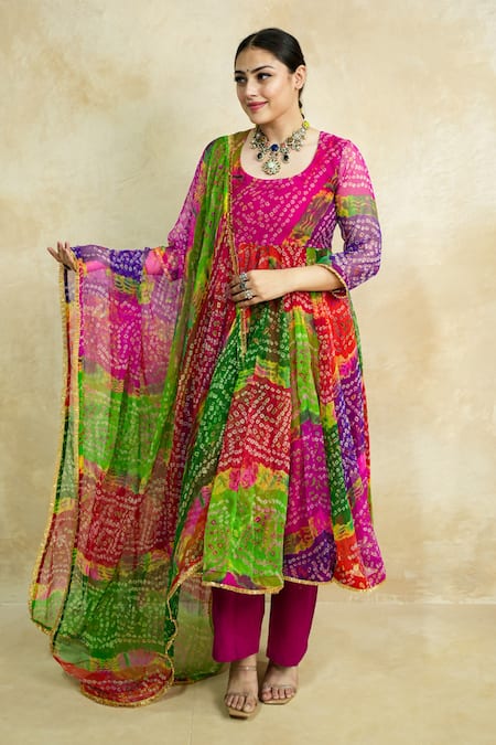 Gulabo Jaipur Pink Georgette Round Neck Arzu Bandhani Pattern Anarkali Set at Aza Fashions Gulabo Jaipur_Pink Georgette Round Neck Arzu Bandhani Pattern Anarkali Set _at_Aza_Fashions