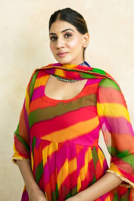 Buy Gulabo Jaipur Multi Color Georgette Round Neck Arzu Leheriya Anarkali Set Online at Aza Fashions Buy_Gulabo Jaipur_Multi Color Georgette Round Neck Arzu Leheriya Anarkali Set _Online_at_Aza_Fashions