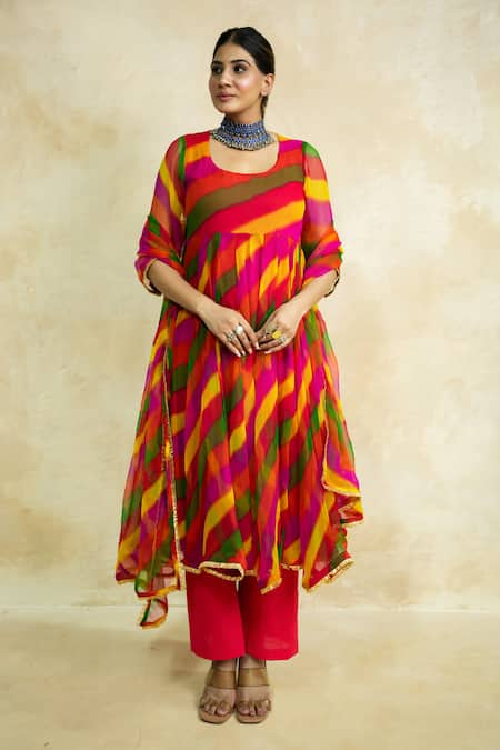Shop Gulabo Jaipur Multi Color Georgette Round Neck Arzu Leheriya Anarkali Set Online at Aza Fashions Shop_Gulabo Jaipur_Multi Color Georgette Round Neck Arzu Leheriya Anarkali Set _Online_at_Aza_Fashions