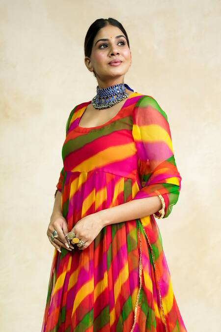 Gulabo Jaipur Multi Color Georgette Round Neck Arzu Leheriya Anarkali Set at Aza Fashions Gulabo Jaipur_Multi Color Georgette Round Neck Arzu Leheriya Anarkali Set _at_Aza_Fashions