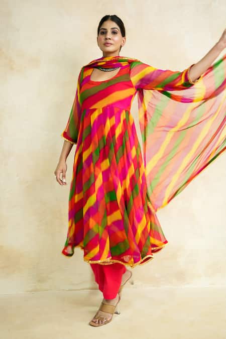 Shop Gulabo Jaipur Multi Color Georgette Round Neck Arzu Leheriya Anarkali Set Shop_Gulabo Jaipur_Multi Color Georgette Round Neck Arzu Leheriya Anarkali Set