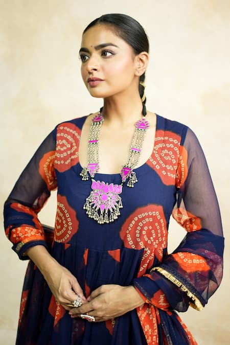 Gulabo Jaipur Navy Georgette Gota Patti Round Neck Arzu Printed Anarkali Set at Aza Fashions Gulabo Jaipur_Navy Georgette Gota Patti Round Neck Arzu Printed Anarkali Set _at_Aza_Fashions