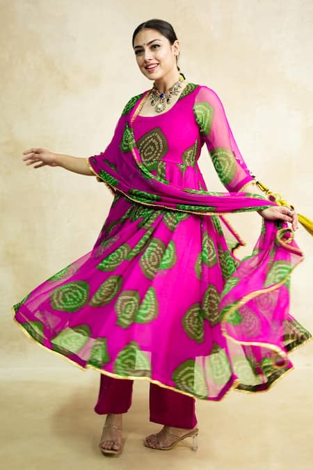 Shop Gulabo Jaipur Pink Georgette Round Neck Arzu Bandhani Print Anarkali Set Online at Aza Fashions Shop_Gulabo Jaipur_Pink Georgette Round Neck Arzu Bandhani Print Anarkali Set _Online_at_Aza_Fashions