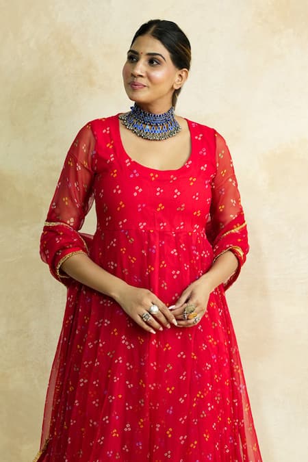 Gulabo Jaipur Red Georgette Gota Patti Round Neck Arzu Print Anarkali Set Online at Aza Fashions Gulabo Jaipur_Red Georgette Gota Patti Round Neck Arzu Print Anarkali Set _Online_at_Aza_Fashions