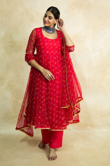 Shop Gulabo Jaipur Red Georgette Gota Patti Round Neck Arzu Print Anarkali Set Online at Aza Fashions Shop_Gulabo Jaipur_Red Georgette Gota Patti Round Neck Arzu Print Anarkali Set _Online_at_Aza_Fashions