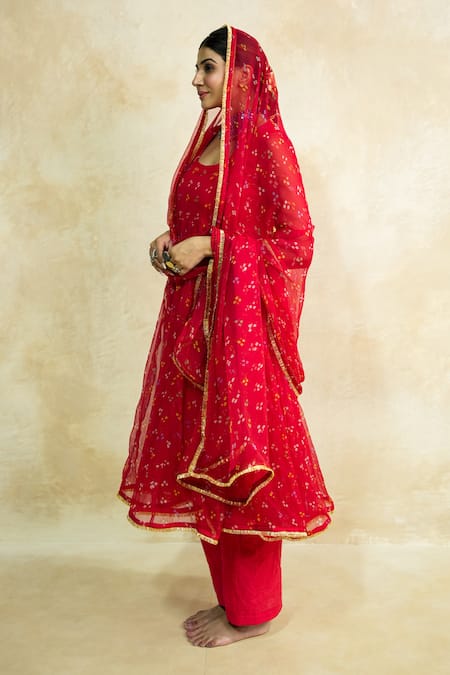 Shop Gulabo Jaipur Red Georgette Gota Patti Round Neck Arzu Print Anarkali Set Shop_Gulabo Jaipur_Red Georgette Gota Patti Round Neck Arzu Print Anarkali Set