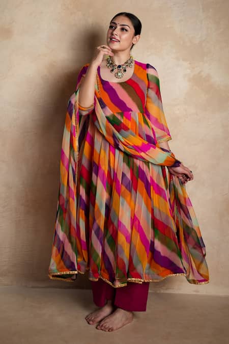 Gulabo Jaipur_Multi Color Georgette Piping Round Neck Arzu Striped Anarkali Set _at_Aza_Fashions