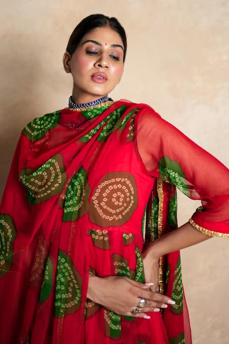 Gulabo Jaipur Red Georgette Piping Round Neck Arzu Print Anarkali Set Online at Aza Fashions Gulabo Jaipur_Red Georgette Piping Round Neck Arzu Print Anarkali Set _Online_at_Aza_Fashions