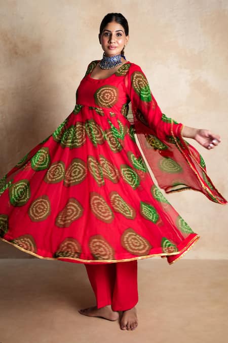 Gulabo Jaipur Red Georgette Piping Round Neck Arzu Print Anarkali Set at Aza Fashions Gulabo Jaipur_Red Georgette Piping Round Neck Arzu Print Anarkali Set _at_Aza_Fashions