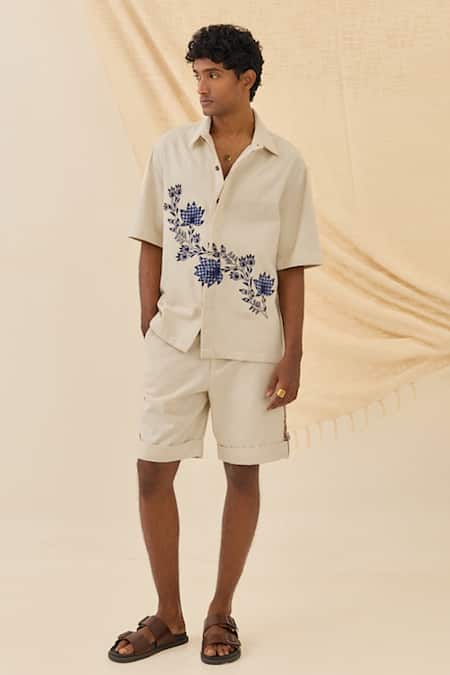 Jodi_Off White Denim Embroidery Saras Handloom Shacket _Online_at_Aza_Fashions