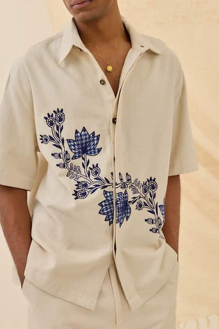 Buy_Jodi_Off White Denim Embroidery Saras Handloom Shacket _Online_at_Aza_Fashions