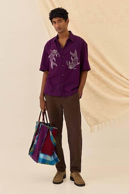 Jodi_Lavender Cotton Embroidery Morni Handloom Shirt _Online_at_Aza_Fashions