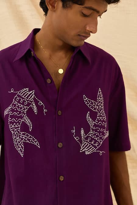 Buy_Jodi_Lavender Cotton Embroidery Morni Handloom Shirt _Online_at_Aza_Fashions