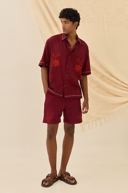 Jodi_Red Cotton Embroidery Kuhu Handloom Boxy Fit Shirt _Online_at_Aza_Fashions