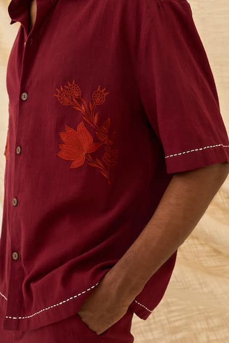 Buy_Jodi_Red Cotton Embroidery Kuhu Handloom Boxy Fit Shirt _Online_at_Aza_Fashions