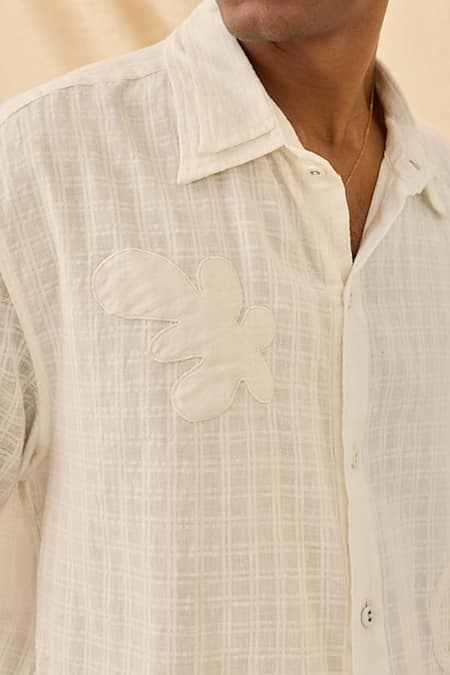 Jodi_White Handloom Cotton Applique Kunj Boxy Fit Shirt _Online_at_Aza_Fashions