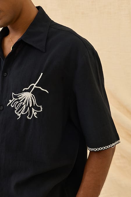 Shop_Jodi_Black Cotton Embroidery Jugnu Handloom Boxy Fit Shirt _Online_at_Aza_Fashions