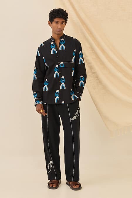 Jodi_Black Poplin Africana Pattern Shirt  _Online_at_Aza_Fashions