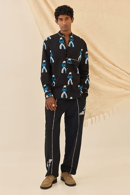 Buy_Jodi_Black Poplin Africana Pattern Shirt  _Online_at_Aza_Fashions