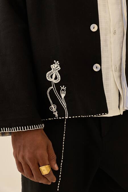 Jodi_Black Cotton Embroidery Jugnu Handloom Jacket _Online_at_Aza_Fashions