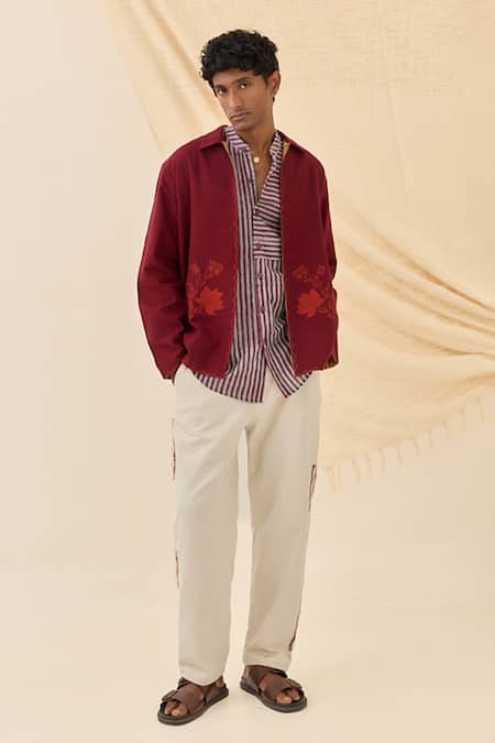 Jodi_Red Cotton Embroidery Kuhu Handloom Reversible Jacket _Online_at_Aza_Fashions