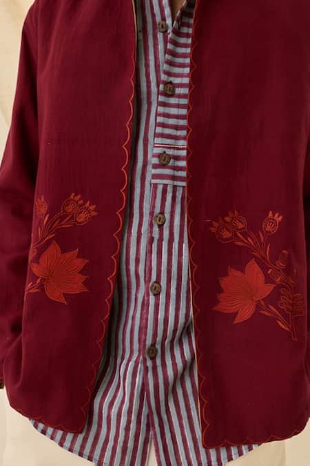 Buy_Jodi_Red Cotton Embroidery Kuhu Handloom Reversible Jacket _Online_at_Aza_Fashions