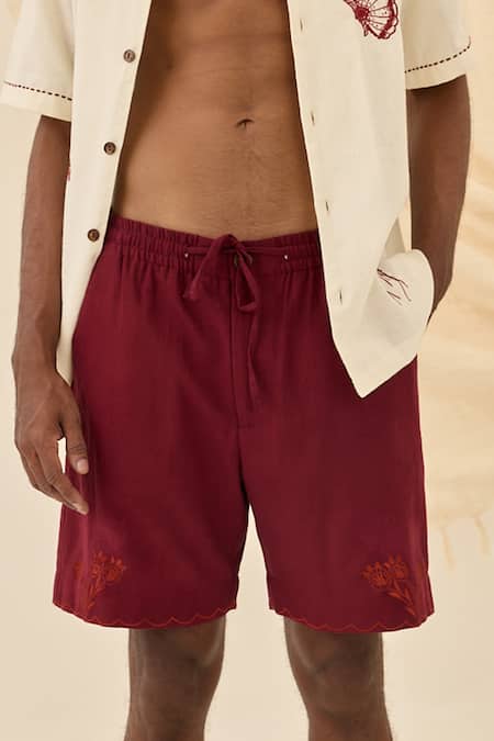 Jodi_Red Cotton Embroidery Kuhu Handloom Shorts _Online_at_Aza_Fashions