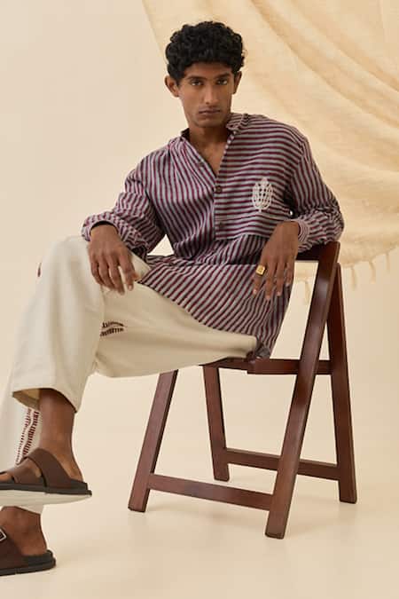 Jodi_Maroon Cotton Embroidery Koyal Stripe Pattern Shirt _Online_at_Aza_Fashions